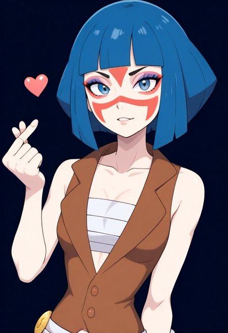 Pst,
coin \(pokemon\), pokemon,1girl, hand up, blue eyes, eyeshadow, blue hair, short hair, medium hair, blunt bangs, chest sarashi, collarbone, brown vest, facepaint, facial mark
 ,solo,finger_heart gesture