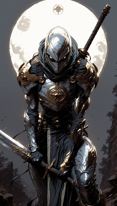 holding weapon, fighting stance, holding  buster sword,huge weapon,, WCG-Illu,, kaarea masterpiece, best quality, high quality, ultra-detailed, realistic,  traditional media, vivid_color, high contrast, speed lines, move_effects, action Create a detailed digital artwork of an armored figure, likely a superhero, set against a dark, smoky background. The armor is intricately designed with a combination of silver and gold hues, featuring ornate patterns and motifs. The helmet is sleek, with a white visor that obscures the eyes, adding an element of mystery. The figure's pose is assertive, with one arm extended forward, showcasing the armor's design. The overall style of the image leans towards a fantasy or historical theme, emphasizing the armored nature of the character. solo, looking_at_viewer, 1boy, standing, male_focus, grey_background, armor, helmet, shoulder_armor, gauntlets, pauldrons, breastplate, knight, full_armor,    holding weapon, fighting stance, holding  buster sword,huge weapon,, WCG-Illu,, kaarea
