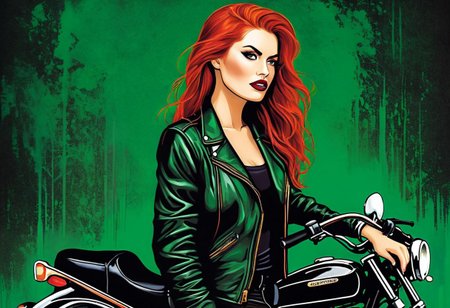 detailxl, high quality, artistic-strokes-style,
(dark artistic blank background:1.3)
(full body shot, looking at viewer, angry, dark:1.4),
a biker with short, fiery red hair, eyes as green as emeralds, glowing with determination and a free spirit. Her face is dotted with freckles, each one a mark of the roads traveled and the adventures lived. She wears a black leather jacket, unzipped, teasing a glimpse of sensuality as her chest subtly reveals itself, without losing that rebellious, wild edge. She straddles her motorcycle, a beast of metal that seems like an extension of her body, ready to devour the road with the same passion she pours into her life