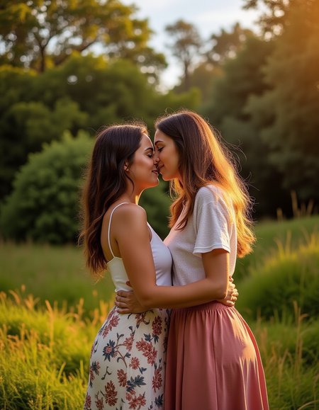 safe_pos,<lora:Lesbian Lovers (Flux):1>,two woman standing in a garden in a loving embrace on a warm summers day,