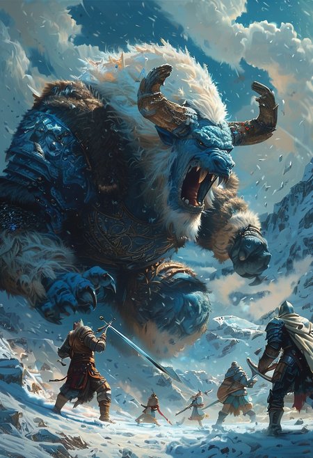 score_9, score_8_up, score_7_up, 1boy, multiple boys, multiple people, fantasy, giant, battle, snow, ice, Viking, warriors, blue skin, crystals, club, fur armor, leather armor, swords, axes, action scene, dynamic pose, snowy landscape, epic, high contrast, detailed, dramatic lighting, action-packed, adventure. Bosstyle