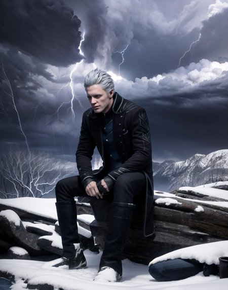 pov close,<lora:devilMayCry5Vergil_v10:0.75>,(vergil,:1.2), on top of the mountain , (plastic:1.2) chair, sitting, masterpiece, grainy, (storm:1.5),