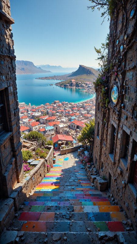 Photograph of a rugged coastal town viewed from a steep, stone staircase. The staircase is flanked by rough, gray rocks. Below, the town features colorful buildings with red and white roofs, a central plaza, and a large, blue harbor. The background includes a rocky, arid landscape with sparse vegetation. The scene is bright and sunny.
 <lora:DarksunRIDDV3:1> <lora:flux_hyperkraximalism-crazy:0.6> <lora:dwd:1> <lora:Prismatic_Crystal-World_Morph-Flux:0.6> prismatic crystal, entirely made out of prismatic crystal