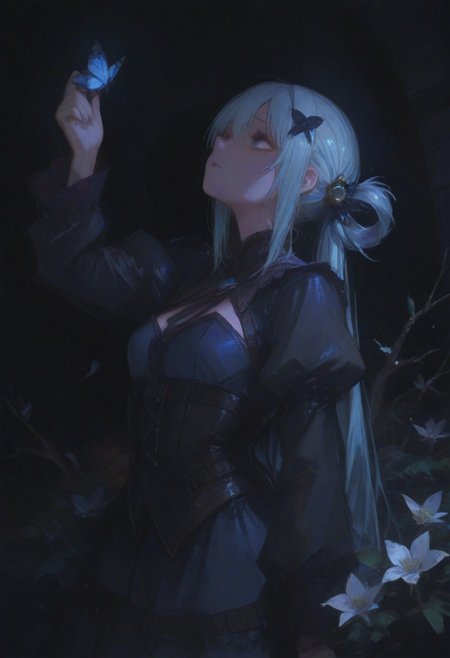 perfect quality,high quality,masterpiece,best quality,amazing quality,very aesthetic,absurdres,Cinematic Lighting,newest,Tactical use of shadow,
AquaCYQL,1girl,solo,long hair,blue hair,very long hair,hair rings,hair ornament,blue eyes,
dress,flower,closedeyes,blackbackground,handonownchest,fromside,shortsleeves,whitedress,petals,bluedress,twintails,veryprofile,butterfly,bug,branch,partedlips,handup,lowtwintails,simplebackground,lookingup,breasts,standing,floralprint,
<lora:ponyv4_noob1_2_adamW:0.7>,<lora:spo_sdxl_10ep_4k-data_lora_webui:0.6>,<lora:USNR STYLE_XL_loha:0.45>,<lora:748cmSDXL:1>,usnr,748cmstyle,<lora:Aqua_Illustrious by Cyql:1>,