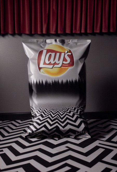 Lays Chip Bag, "TWIN PEAKS", coffee, in a room with red curtains, black and white chevron pattern floor, realistic, sharp, detailed, classic, artistic, perfection, contrast, cinematic, filmic, high quality photo, David Lynch style, Twin Peaks style, shallow depth of field, vignette, highly detailed, high budget, bokeh, cinemascope, moody, epic, gorgeous, film grain, grainy