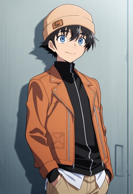 masterpiece,best quality,amazing quality, source_anime, 
YukiteruAmano, 1boy, male focus, solo, blue eyes, black hair, beanie, brown headwear, black shirt, turtleneck, zipper, jacket, brown jacket, open jacket, smile,