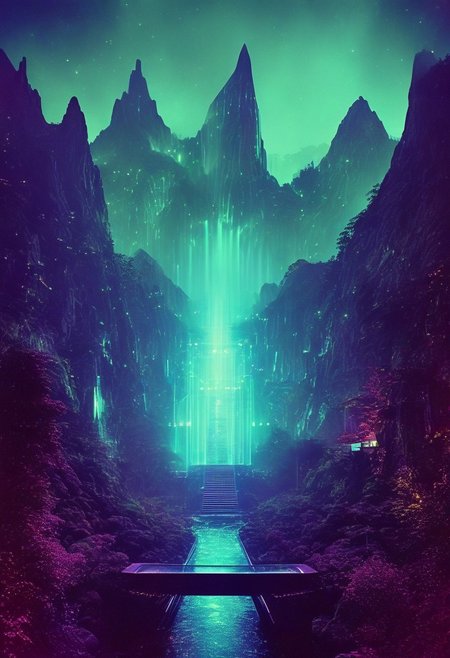 ()Hyoer Realistic:2.0)Polaroid picture 
an image of 
A futuristic, neon-lit (Appalachian mountain range, transformed into a utopian resort.:1.28) Towering skyscrapers and sleek, curved architecture blend seamlessly with the natural landscape. Holographic waterfalls cascade down the sides of mountains, while levitating walkways connect the peaks. The air is clean and fresh, filled with the sweet scent of blooming flora. In the distance, a massive, glowing portal pulses with energy, connecting the resort to other dimensions. The atmosphere is one of serenity and wonder, as people from all walks of life come to marvel at this technological marvel.