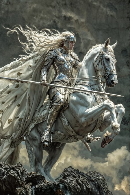 Highly detailed fantasy artwork depicting a majestic knight in shining armor riding a rearing white horse. The knight, with long flowing white hair, wears intricately designed silver armor adorned with ornate patterns and a flowing white cape. The horse, equally majestic, is also adorned with silver armor and decorative elements. The background features a dramatic, cloudy sky, adding to the epic and heroic atmosphere of the scene. The overall composition is dynamic, with a sense of movement and grandeur, emphasizing the knight's regal and powerful presence.