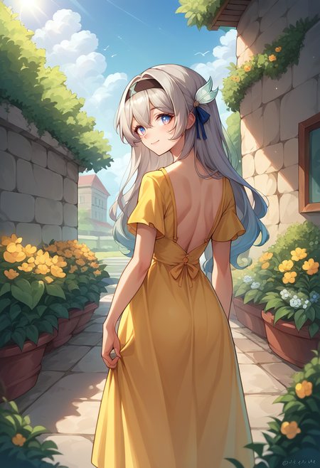 score_9, score_8_up, source_anime, 1girl, solo, FireflyHSR, blue pupils, long hair, black hairband, hair ornament, from behind, yellow sundress, garden, day, sunshine, smile, looking back, <lora:ChamFireflyV2PonyXL:1>