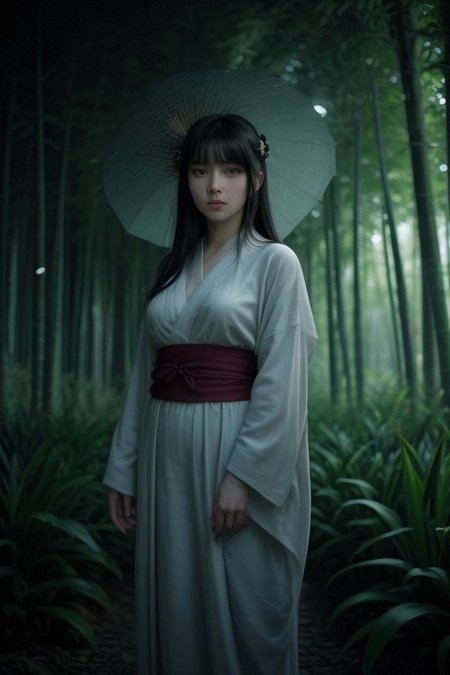 1girl, hyuuga hinata, purple eyes, white eyes, blunt bangs, black hair, hime cut, very large breasts, looking at viewer, fringe,konohagakure symbol, headband around neck ,solodynamic ink painting of a bamboo grove of japan, black and white,monochrome, great art, great sense of depth, ground level shot, the most beautiful bamboo grove in the world, bamboo leaves shining through rainwater, moon\(pale blue\) with a light overcast, beautiful woman\(ancient Japanese noble, beautiful kimono, beautiful long black hair\) looking up at the moon holding an umbrella,raining softly, fireflies flying around, bamboo leaves are placed three-dimensionally in the foreground, long distance shot
score_9, score_8_up, score_7_up, score_6_up, score_9, score_8_up, score_7_up, score_6_up, cowboy shot, <lora:sdxl_lightning_8step_lora:1>    <lora:breasts++-PD-breast_bags-1.0:1>    <lora:HerrscherAGGA2024_Polo_Shirt_V1:0.6>   <lora:GirlfriendFNF_PDXL:0.8>
