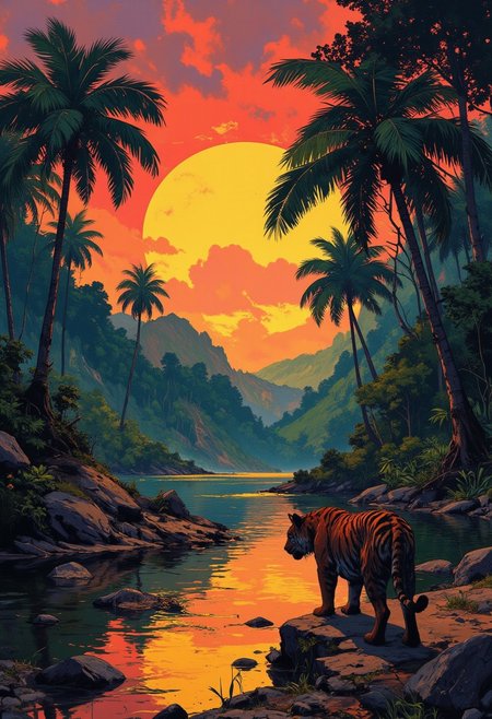 Paradise of Brazilian jungle side by sunset, 1tiger at riverside sneaks out of the jungle, reflection, shadowed Palms, best quality, realistic, whimsical, fantastic, splash art, intricate detailed, hyperdetailed, maximalist style, photorealistic, concept art, sharp focus, harmony, serenity, tranquility, mysterious glow, 
ambient occlusion, halation, cozy ambient lighting, dynamic lighting,a masterpiece, award winning, DB4RZ, DB4RZ style painting, NeoPigma, in the style of cksc,, anime, cyberpunk