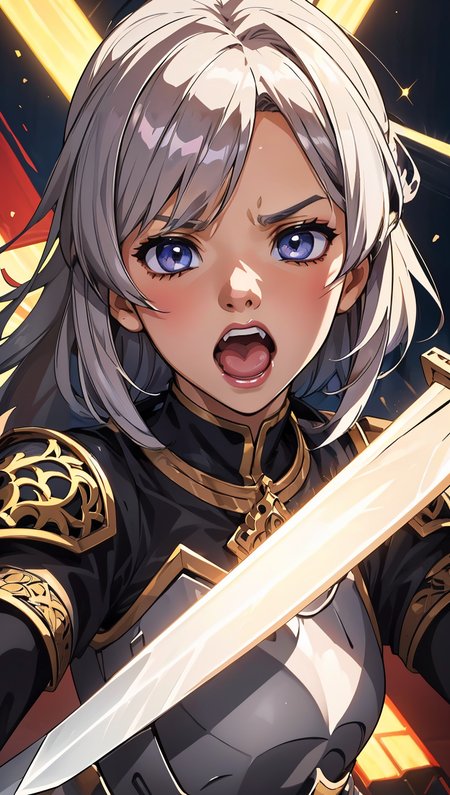 an illustration of a female paladin adorned in holy armor, wielding a sacred sword, furrowed brow, open mouth, teeth, 
masterpiece, best quality, intricate detail, high background detail, high contrast,   <lora:emotion_angry_slider_v1:1> anime screencap,