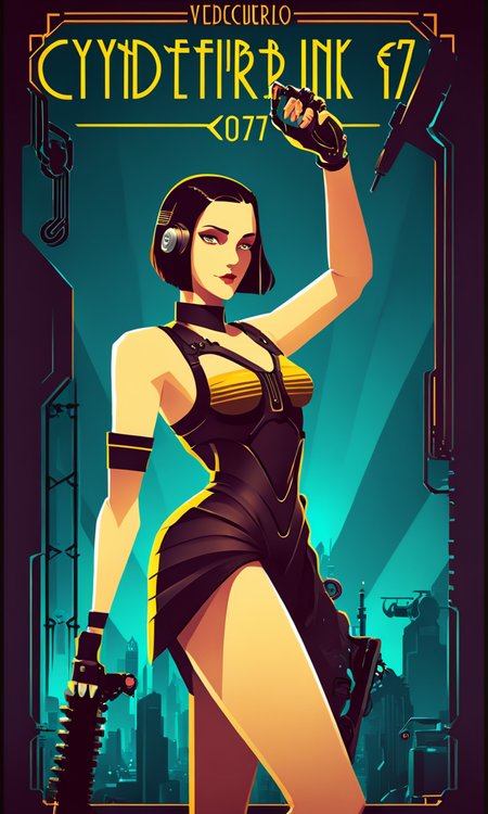 art deco style poster, illustration of cyberpunk girl with mechanical arm, Text:" Cyberpunk 2077", <lora:artdecopostsdxl:1>,