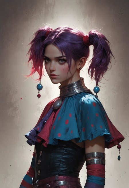 score_9, score_8_up, score_7_up, score_6_up, 1 woman, jester, mischievous character, lowkey, fantasy, young, gorgeous, extremely detailed, high quality, realistic, beautiful eyes, jester's outfit, pale skin, thick  violet hair, short hair, ponytails, dark theme, low light, from hip up, mystic background, (masterpiece, best quality, highly detailed, realistic),  muted color, closed mouth