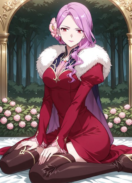 <lora:Hua_Jin__Battle_Through_the_Heavens__Illustrious:1>
1 girl, solo, red eyes, purple hair, pink hair, long hair, red dress, hair ornament,
fur trim, lipstick, hair flower, thigh boots,
score_9, score_8_up, score_7_up, masterpiece, best quality, absurdres, perfect anatomy, 1girl, solo, wariza, sitting, hands on own knees, garden background
