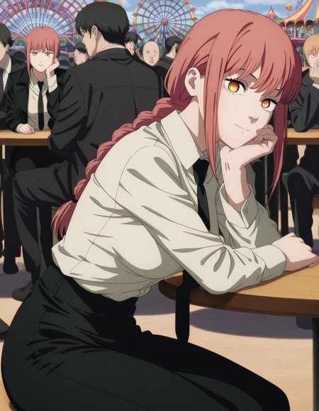 masterpiece, best quality, amazing quality,, <lora:chainsawman-makima-s1-illustriousxl-lora-nochekaiser:1>, makima, makima (chainsaw man), long hair, bangs, yellow eyes, braid, red hair, braided ponytail, ringed eyes, mature female, medium breasts, anime screencap, shirt, long sleeves, white shirt, necktie, collared shirt, pants, black pants, formal, suit, black necktie, shirt tucked in, office lady,, sitting, head rest, table,, amusement park, rides, crowds, fun, colorful, cowboy shot, solo, looking at viewer