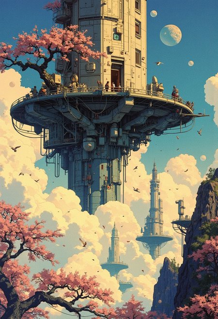 Art by Ronan Le Fur  A floating arcane observatory, half-tech tower, half sakura tree, suspended in cloudspace where cherryblossoms with  birds graze on platforms of light; the dreamlike scene rendered in painterly detail, like a cross between 80s sci-fi book covers and Ronan Le Fur's industrial mystique.