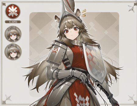 masterpiece, best quality, amazing quality, beautiful accurate depth-of-field, 1girl, solo, cropped, w1ldman3AK, WMAK helmet, WMAK Armor, WMAK gauntlets, WMAK boots, horse ears, horse ears, horse tail, tagged ear, red eyes, very-long hair, character stat card, canvas background,