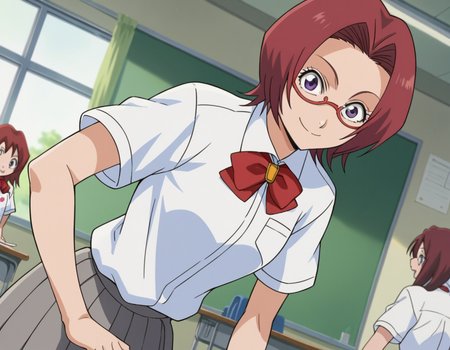 score_9, score_8_up, score_7_up, source_anime,
chizuruhonsho, <lora:chizuru-honsho-s1-ponyxl-lora-nochekaiser:1>,
chizuru honsho, short hair, red hair, purple eyes, glasses,
skirt, shirt, bow, school uniform, white shirt, short sleeves, pleated skirt, bowtie, red bow, red bowtie, grey skirt,
indoors, classroom, smile, bent over,
looking at viewer, dutch angle, cowboy shot,