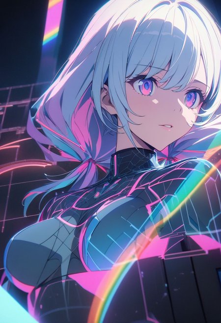 gorgeous lips, cinematic, (masterpiece), (best quality), (ultra-detailed), very aesthetic, illustration, perfect composition, intricate details, absurdres, detailed face, (anime, masterpiece, intricate:1.3), (best quality, hires textures, high detail:1.2), (4k),(incredibly detailed:1.4) 
Hologram girl, hologram, no humans, outline only, wireframe, glowing wireframe, pretty girl, rainbow hologram,  futuristic, transparent body, void body, only outline neon tube, twintails, low twintails, fluffy hair, rainbow colors, small wings, aesthetic grid, silhouette ,more_prism background, vibrant color, more_details:1.5
