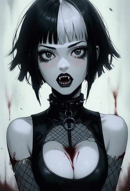 score_9, score_8_up, score_7_up, score_6_up, gthan, 1girl, gothic, solo, (ultra HD quality details), black eyes, black hair, bobbed hair, pale skin, Goth girl, looking at viewer,short hair, multicolored hair,, bare shoulders,black collar ,from above, blushing, sleeveless,two-tone hair,lips,black makeup,black lipstick, white background,portrait,spot color, upper body, large perky breasts, breast squeeze, cleavage, detailed body, detailed face, large eyes, detailed eyes, perfecteyes, tits focus, sexy, sensual, goth, black metallic metal latex clothing, open mouth,(long vampire fangs), (blood on teeth)