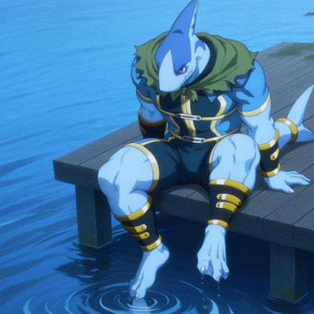 masterpiece, best quality, amazing quality, Arabaslfil, anthro, male, shark, blue skin, blue eyes,  gold trimmed blue bodysuit, gold armbands, gold trimmed dark blue bracers,  green capelet, gold tail ring, sitting, on a dock, feet in the water, webbed feet, 1boy, solo,