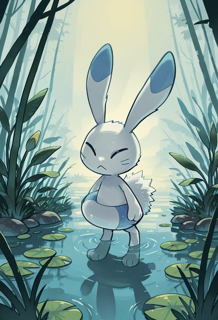 masterpiece, best quality, no humans,    zzWarabbit, swamp, foggy dawn, lily pads, still water, close-up, atmospheric lighting, focused eyes, mystical mood â In the misty calm of early dawn, zzWarabbit rests silently atop a moss-covered rock, surrounded by lily pads. Fog clings low over the water as pale morning light filters through the reeds. Its eyes remain alert, unblinking, attuned to the quiet rhythm of the swamp.  <lora:WarabbitPokedex_IXL:1.0>,