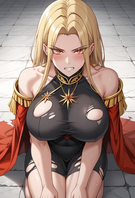 score_9, score_8_up, score_7_up,  source_anime, rating_explicit, 1girl, breasts, skirt, thighhighs, solo,1girl, breasts, Victoria,1girl,  mature female, (huge breasts:1.3),(military uniform:1.3), red coat, black thighhighs, gloves, red skirtred_cape, blonde_hair, solo, long_hair, cape, dress, clenched_teeth, small_head, yellow_eyes, glaring, looking_at_viewer, angry, stone_floor, teeth, kneeling, (black_dress:1.5), barefoot, covered_navel, covered nipples,sweat, scowl, parted_bangs, thighs, bare_legs, covered_breasts, bangs, sitting, v-shaped_eyebrows, blush, japanese animation, absurdres, toned, black_hair_tie, high contrast, aesthetic, toned, vivid color, muscular, (wide_shoulders:1.2), wide hips, 2d, thighs, beautiful, sexy, black_clothes, cute_face,open_mouth,bangs, (thick_thighs:1.2), (huge_hips:1.2), (large shoulders:1.2), finely detailed beautiful eyes, finely detailed face,delicate facial features, (tall:1.4), small head,  beautiful eyes and detailed face,toned,(healthy_body:1.2), (best quality, high quality, masterpiece, hyper detail, detailed face,detailed_eyes,detailed_pupils:1.3), collarbone, (detailed_eyes:1.5) ,(masterpiece:1.7),(high quality:1.7), same_eyes,same_pupils,(clear:1.5), detailed_eyes, collarbone, bangs, detailed_eyes, black_clothes, detailed_arms, amazing quality, (large_shoulders:1.4), wariza, (torn_clothes:1.5), upper body, covered_shoulders, muscle, broken floor, detailed_hands,taut_clothes,epaulettes
