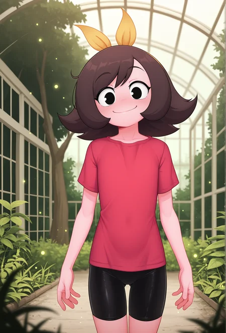 masterpiece,best quality,amazing quality, masterpiece,best quality,amazing quality, <lora:marigold_cabronpr_illustrious_v1f:0.7> marigold, 1girl, solo, smile, hairbow, no nose, black eyes BREAK
red shirt, bike shorts, straight-on, tree, tree, greenhouse, fireflies, (depth of field:1.3)