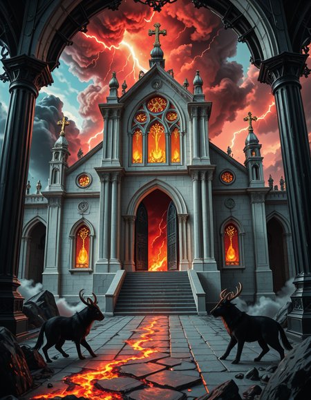 A once-majestic celestial temple, now under siege by the forces of Hell. The grand white stone structure is cracked and scorched, its golden crosses twisted and broken. The stained-glass windows, once glowing with warm divine light, are now shattered, with demonic symbols glowing ominously in their place. The sky, once a serene blue, is now consumed by dark storm clouds, swirling with red lightning and thick smoke.
Black, jagged chains extend from the sky, wrapping around the temple as if trying to pull it down into the abyss. The once-fluffy clouds beneath the structure are now a chaotic mix of fire, ash, and dark mist, with glimpses of molten lava cracks below. Infernal creatures with glowing red eyes lurk in the shadows, their silhouettes barely visible through the smoke and fire.
The temple doors are blown open, revealing an eerie red glow emanating from within, as if Hell itself is consuming the sacred space. Massive demonic runes are etched into the stone, pulsating with an unholy energy. The entire scene is bathed in a deep crimson and orange glow, giving it an apocalyptic and nightmarish atmosphere.
Style & Lighting:
- Dark fantasy, highly detailed
- Dramatic, high-contrast lighting with fiery glows
- Cinematic composition, epic scale
- Strong use of shadows, embers, and atmospheric foghighly detailed and atmospheric view from inside a massive birdcage, large enough for a human to stand inside. The cage is made of ornate, aged metal bars with intricate Victorian-style patterns, curving elegantly towards the domed ceiling. Sunlight filters through the gaps between the bars, casting long, dramatic shadows on the wooden floor. Delicate vines and small flowers have begun to grow around the bars, adding a touch of nature reclaiming the space. The background beyond the cage is blurred, hinting at a lush garden or a mysterious, abandoned mansion. The ambiance is serene yet slightly melancholic, with warm golden light illuminating dust particles floating in the air. Soft feathers are scattered on the floor, adding to the sense of quiet abandonment. The perspective makes the viewer feel as if they are inside the cage, looking outward, surrounded by both beauty and confinement. The style is highly detailed and realistic, with a cinematic and slightly surreal atmosphere.
<lora:SDXLFaeTastic2400:0.4> <lora:extremely_detailed:0.4> extremely detailed 
<lora:evil_celestial_t3mpl3-i:1> evil celestial t3mpl3, Masterpiece,best quality,hi res,8k,hi res,8k,award winning,(sharp focus, intricate, highly detailed),