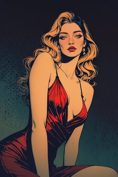 masterpiece,best quality,amazing quality,very aesthetic,absurdres,newest,detailed eyes, realistic body, retro, realistic, low angle, dutch angle, high fashion, cowboy shot, from side, ink art,
1girl, solo, face, pretty, blue eyes, 25 yo, seductive, looking at viewer, delicate facial features, dramatic lighting blue and red colors, strikingly beautiful, teasing expression, 
face focus, upper body view, dynamic angle, Korean woman, delicate lips, black hair, blond hair, medium length hair, wavy hair, eyeliner, mascara, light eye makeup, red lips, earrings, jewelry, elegant dress, club outfit, high heel, girl sitting, relaxes and elegant pose. 
elegent dress, plunging neck line, romantic date, seductive expression, head tilt, film noir,
halftone background, dark background, full body shot, cowboy shot, high contrast, dramatic lighting, hard shadows, color shift,
 <lora:OmniReal:0.65> <lora:GTHAN-IL:0.75> <lora:fashiongirl-v1-ILXL:0.9>