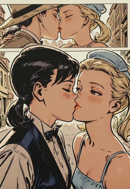 safe_pos, 2girls, lesbians, sexy women, kissing, deep kiss, (eyes closed, extreme close-up, lips focus), blushing, BREAK,

(1girl, petite, brunette, black hair, vintage ballerina outfit), BREAK,

(1girl, formal, waistcoat, suspenders, blonde hair, loose twintails, hat, head tilt), BREAK,

(outdoors, in the city, in the street), natural lighting, dynamic angle, BREAK,

vintage romance comic, muted colors, neutral palette, sepia tones, ink crosshatching, official style, original art style, (safe_pos, fine texture, masterpiece, ultra-detailed, very aesthetic, absurdres, volumetric lighting, scenery), BREAK.
