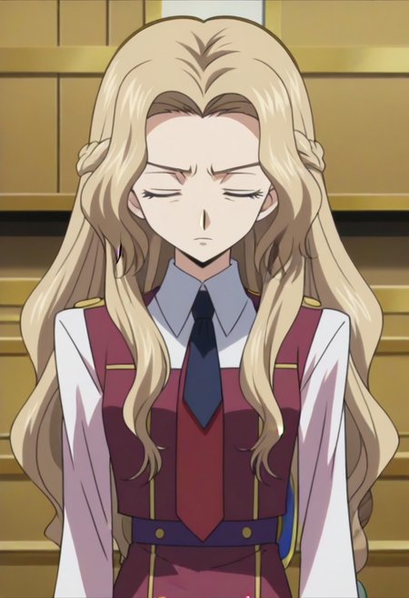 anime screencap, masterpiece, best quality, Code Geass anime art style, <lora:Nunnally_Lamperouge:1>Nunnally Lamperouge, 1girl, ashford academy school uniform, long hair, necktie, school uniform, closed eyes,