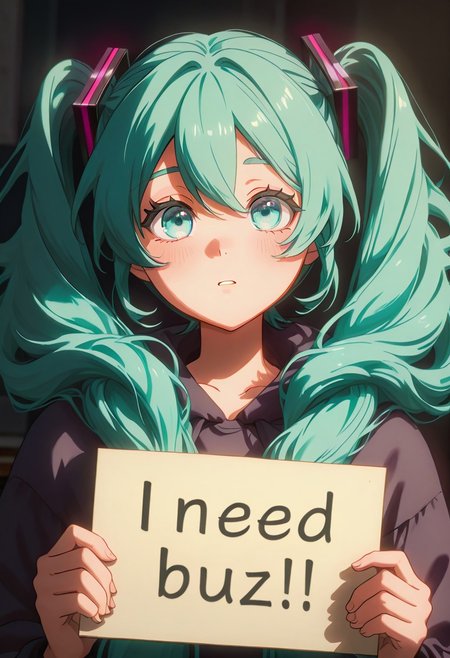 score_9, score_8_up, score_7_up, score_6_up,Enchanting Eyes, LDSCH Style, aesthetic, absurdres, beautiful, highres, detailed eyes,
Solo, 1girl,Hatsune Miku,((long twin tails hair)), tourquese eyes,  tourquese hair, need_buzz, holding sign,