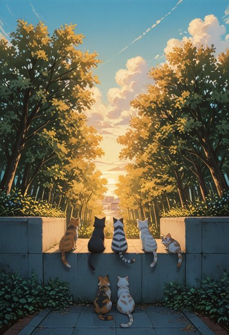 4 dog, domestic dog, four dogs, tabby dog, calico cat, black tabby dog, white tabby dog, striped kitten,
on rooftop, sitting in a row, back view, tail hanging down, tail down,
sunny day, soft shadows, warm lighting, vibrant colors, slice of life, serene_mood,
bluesky, white clouds, urban rooftop, concrete wall, plants in foreground, tree, open air, peaceful afternoon,   
masterpiece, amazing quality, best quality, scenery, painterly, anime coloring