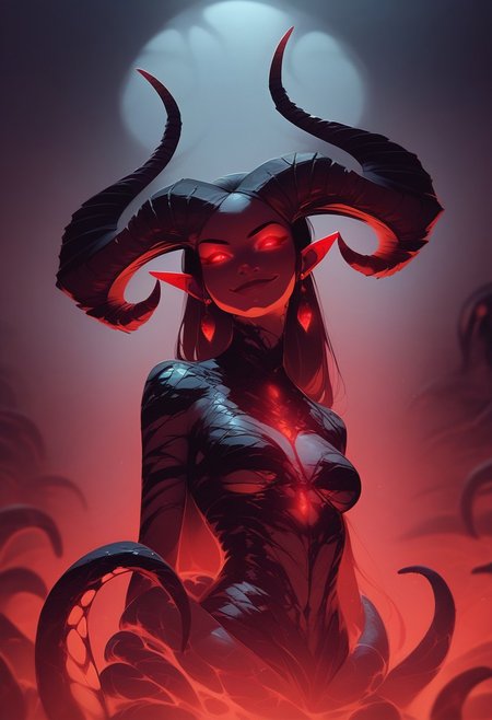 score_9, score_8_up, score_7_up,  
c0l0r1f1c4t10nr3d,ColorificationRed,Colorification Red, 1girl, solo, long hair, breasts, looking at viewer, smile, red eyes, jewelry, medium breasts, closed mouth, tail, earrings, horns, pointy ears, lips, glowing, colored skin, demon girl, monster girl, slit pupils, demon horns, glowing eyes, tentacles, curled horns, evil smile