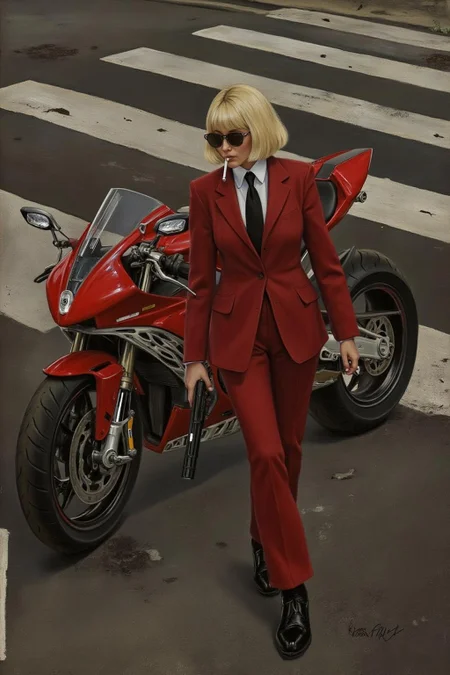 lauritsandersenring1 painting.
Overhead shot of a Blonde woman walking away from a futuristic motorcycle parked at a zebra crossing. The woman has bob hair, is smoking. She wears a red business suit, white shirt, black tie, and sunglasses. She holds a gun with a confident grip. The motorcycle itself is red, sleek and metallic, with intricate designs and a futuristic vibe  <lora:lauritsandersenring1_cap_d8a4e13:1.0><lora:857021559452263360:0>