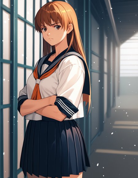 score_9,  score_8_up, score_7_up, source_anime
<lora:kasumi-v1-ponyxl-000015:1> kasfg, brown eyes, brown hair, orange hair, serafuku, pleated skirt,
1girl, solo, standing, shed, sunbeam, serious, light particles
