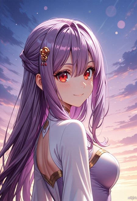 masterpiece, best quality, amazing quality, dynamic view,  solo, dynamic view,  solo, 1girl, masterpiece, best quality, bokeh, luminescent background, 
(  miaadenauer,,
 purple hair, long hair,  hair between eyes, bangs, hair ornament, hair flower,  red eyes, medium breasts,
 , dress, two-tone dress, purple dress, white dress, long sleeves, wide sleeves, white shoes,,
 ),  
portrait, happy