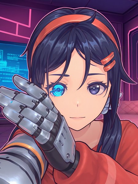 <lora:MitaIL:0.7> mi_ta, 1girl, dark blue eyes, dark blue hair, braids hair, hairband, scrunchie, barrette pins,
looking at viewer, cyberpunk, augmentations, prosthetic, metal arm, GLOWING CYBERNETIC EYE,difficult background, at night, dynamic pose, upper body