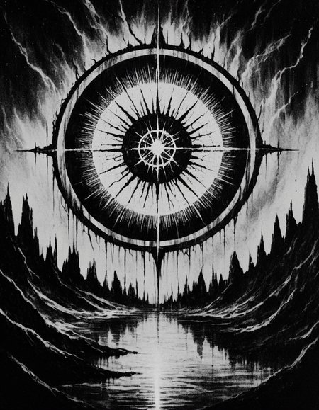 blackmetal style, xerox black and white, white sky, black sun portal, water below,
<lora:black_metal_art:1.0>