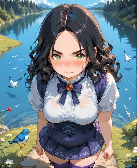 IllusP0s, PonyScores7, source_anime, ah1, IllustriousQual, interesting, exciting, spectacular, wonderful, <lora:natsumi_style:0.5>, <lora:by_usakun-pony:0.4>, by usakun, <lora:Akina_Bbw_Style_-_PonyXL:0.2>, AkinBw,
BREAK (In-The-Moment Perspective shot),
BREAK 1girl, mature female, (round face:1.2), (thick eyebrows:1.3), (curvy), round-chin, caucasian, (plump face), <lora:Round_face:0.2>, <lora:ETO_OC_Illustrius:0.5>, eto_oc, skindentation, (plump), thick thighs, wide hips, busty, voluptuous, lips, <lora:venus body PonyXL:0.3>, <lora:shinyskin2:0.2>, glistening skin,
BREAK  (curly hair), long hair, (black hair:1.4), (parted hair:1.7), messy hair, kinky curls, <lora:hairdetailpxl:0.2>, hairdetailpxl,
BREAK (half green and brown eyes), (colorful eyes), (multicolored eyes), (downturned eyes:1.4), <lora:expressive eyes:0.2>, expressive eyes, <lora:eyedetailpxl:0.2>, eyedetailpxl, <lora:Eyes_High_Definition:0.2>, EyesHD,
BREAK ((v-shaped eyebrows, wavy mouth, nose blush, pout)), <lora:Expressive_H:0.2>, Expressiveh, <lora:Emotional_Anime_Expressions_PonyXL_Concept:0.2>, emotional, <lora:Best_Facial_Expression_LoRA_PONY:0.2>, looking at viewer, <lora:Detailed expressive EXEV style -XL Pony V1.0:0.2>, FaceDetail,
BREAK ((Standing with one hand on the waist, looking sideways)),
BREAK (snow white deep purple vinyl mini skirt with a matching top and glossy finish complemented by purple thigh-high boots),
BREAK (((a lively lake, with jumping fish, singing birds, swaying reeds, a vibrant environment))),
BREAK <lora:xl_more_art-full_v1:0.2>, <lora:aesthetic_anime_v1s:0.2>, <lora:EpicF4nta5yXL:0.2>, <lora:detailxl:0.2>, detailxl, <lora:Fant5yP0ny:0.2>, best quality, amazing quality, best aesthetic, absurdres, illustration, Volumetric_Lighting, ultra-detailed, very aesthetic, intricate details, 8k, masterpiece, best_quality
BREAK Stable_Yogis_PDXL_Positives, AS-Adult, <lora:Complicated fantasy portrait - XL Pony V2.0:0.2>, bad-hands-5, <lora:HDA_Detailer:0.3>, HDA_FatGirlXL,