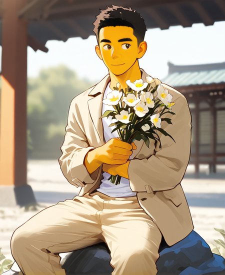 ((source anime)), breeze style, ((anime eyes:1.5, small nose, simple mouth:1.5)), short hair, score_9, score_8_up, score_7_up, Korean, <lora:Expressive_H:1.4>, ((handsome man:1.2, light skin)), (focus male, solo:1.1), masterpiece, best quality, ((1man, 1boy, mature man:1.4)), masterpiece, best quality, amazing quality, 
<lora:Breez_Style_Wv7:1>. breeze style, smile, 
masterpiece, best quality, amazing quality, 1boy, solo, masterpiece, best quality, young man sitting on a rock, relaxed posture, casual outfit (beige jacket, white t-shirt, beige trousers), short dark hair, holding a small bouquet of flowers, slight smile, looking at the camera, outdoor setting, blurred background with architecture, candid lifestyle photography, shallow depth of field, bright and even lighting, sunny day, volumetric lighting,