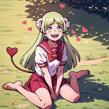 score_9, score_8_up, score_7_up, score_6_up, score_5_up, score_4_up, Cl_araV, School uniform, Sharp teeth, Horns, heart tail, happy, green hair, sitting on the ground, barefoot, looking up at viewer