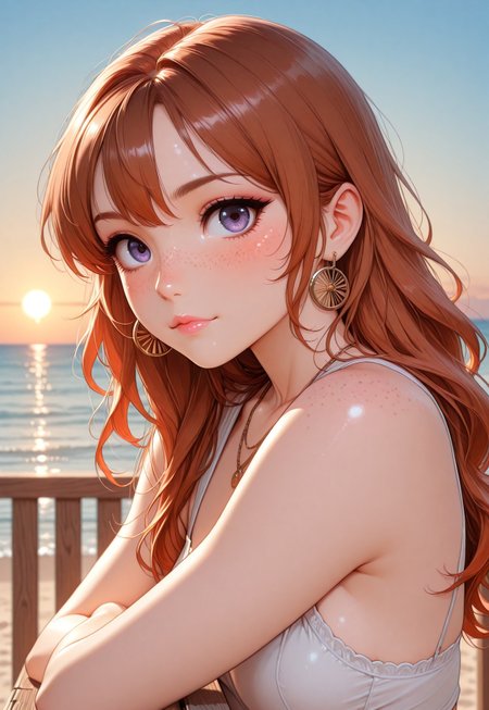 Beautiful, ultra high quality, very detailed, 8k, detail focus, civchan,( auburn  gradient hair:1.3), medium wavy hair, cute face, perfect face, purple eyes, small nose, soft features, perfect makeup, pink lipstick, lip gloss, eyeliner, mascara, eyelashes, perfect skin, blush, gold hoop earrings, necklace, enticing look, lustful,  sexy, attractive, (zoomed out:1.2), masterpiece, highest quality, 1girl, freckles ,( body turned to side:1.2), (face turned toward viewer:1.2), side profile of ass, leaning on wooden railing, beach background, sunset, beautiful sky
