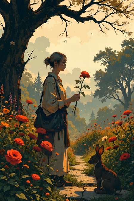 In a tranquil garden under the soft, golden light of a late afternoon sun, an elderly woman with weathered brown skin and snow-white hair gently prunes a rose bush bursting with deep crimson blooms. Her gnarled hands move with expert precision, each snip of the pruning shears releasing the sweet scent of roses into the air. Around her, the garden is a riot of colorâvibrant marigolds, delicate lavender, and clusters of daisies sway gently in the warm breeze. A tall, ancient oak tree provides dappled shade, its gnarled branches twisting above like protective arms. The air is alive with the sound of buzzing bees and chirping birds, and the soft rustle of leaves adds a calming rhythm to the scene. At her feet, a small brown rabbit hops cautiously through the flowerbeds, pausing to nibble at the clover growing between the stones of the garden path. The womanâs soft smile reflects the peace of the moment, her deep-set eyes glowing with the wisdom of years spent tending to her plants. The garden feels like a sanctuary, a living tapestry of nature, love, and time.  Fantastic lighting. Detailed shadows.intricate details, vivid colors, hyper-detailed, ultra-sharp <lora:Blue_Future:0.2><lora:Ethereal_Brush_Anime_v1.0:0.6><lora:Dark_and_sentimental v1.0:0.6><lora:It's a LoRA for portraits, BUT! actually specialized in backgrounds. v1.0:0.3>