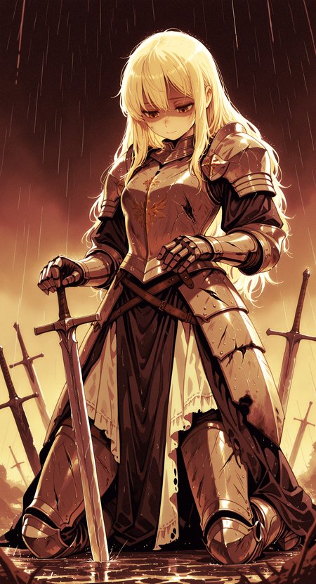 masterpiece, best quality, good quality, newest, highres, absurdres, 1girl, kneeling, looking down, hand on hilt, shaded face, knight, blonde hair, damaged armored dress, armored boots, battle damage, battlefield, planted sword, planted, rain, wet, dark theme, beige theme, dark fantasy, p4rsley-f_illu <lora:illustriousXL_stabilizer_v1.23:0.3> <lora:NOOB_vp1_detailer_by_volnovik_v1:0.3> <lora:ponyv6_noobE11_2_adamW-000017:0.3> <lora:p4rsley-f:0.7> <lora:veluflora-wai:0.75>