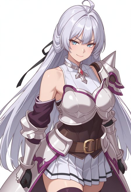 Smooth Quality,masterpiece,very intricate, high quality details, ultra realistic, high detailed skin,detailed enviorement,absurdres,
simple background, white background,
,dutch angle,v-shaped eyebrows,seductive smile,
 <lora:Crylet_Kureha_cnn:0.8>
kurehacnn,1girl,bangs, blue eyes, ahoge, mole,  bare shoulders, grey hair, very long hair,
armor, skirt, thighhighs, detached sleeves, breastplate, belt, shoulder armor, gauntlets,