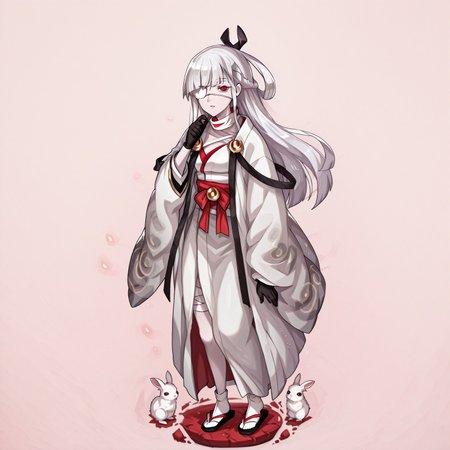 lazypos,anime screencap, 
Kaguya Dragalia, long hair, white hair, braid, black ribbon, hair ribbon, eyepatch, red eye, pale skin, bandages, white kimono, japanese clothes, brooch, black gloves, sandals, full body, standing, from the side, looking at viewer, rabbits,