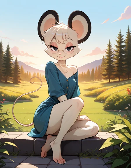 masterpiece, best quality, very aesthetic, absurdres,
outdoors,
full body, seductive smile, parted lips, long eyelashes,
 <lora:Tamy_v01_NAIXL:1>
T4my,1girl,solo,furry,furry female,mouse girl,short hair,mouse ears,black eyes,glasses,animal nose,body fur,white fur,mouse tail,
